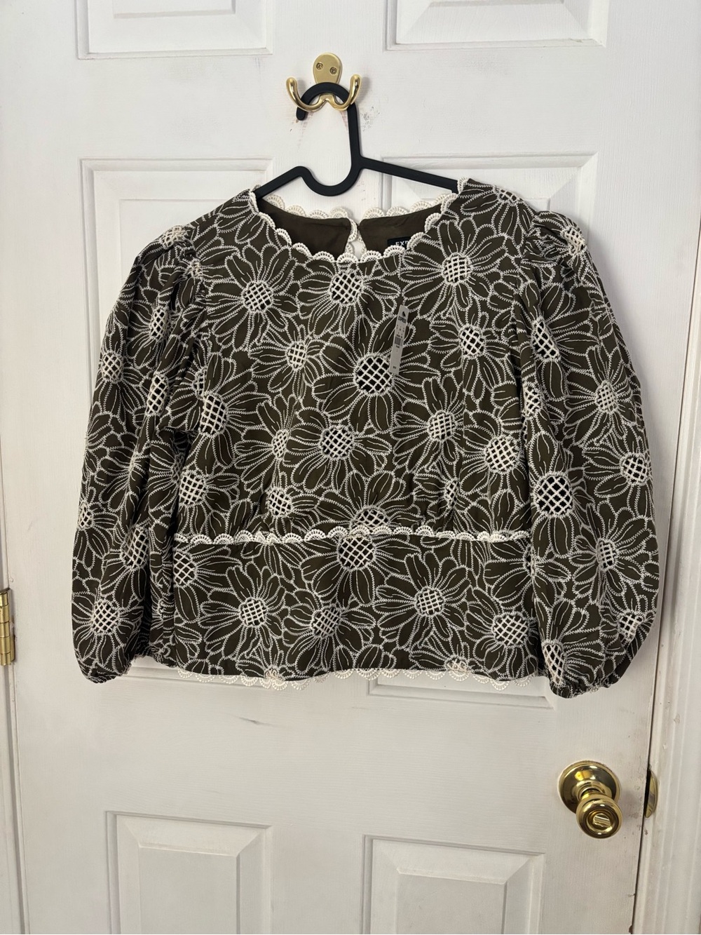 Express Olive Green Floral Eyelet Puff-Sleeve Blouse